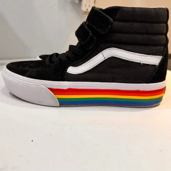 Vans Sk8-Hi Rainbow‎ Stripe Skate Shoes Men's 7.5 Black Suede High Top